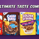 Promotional shot of Trix, Cocoa Puffs, Golden Grahams, and Cookie Crisp with the tagline, "The Ultimate Taste Comeback"